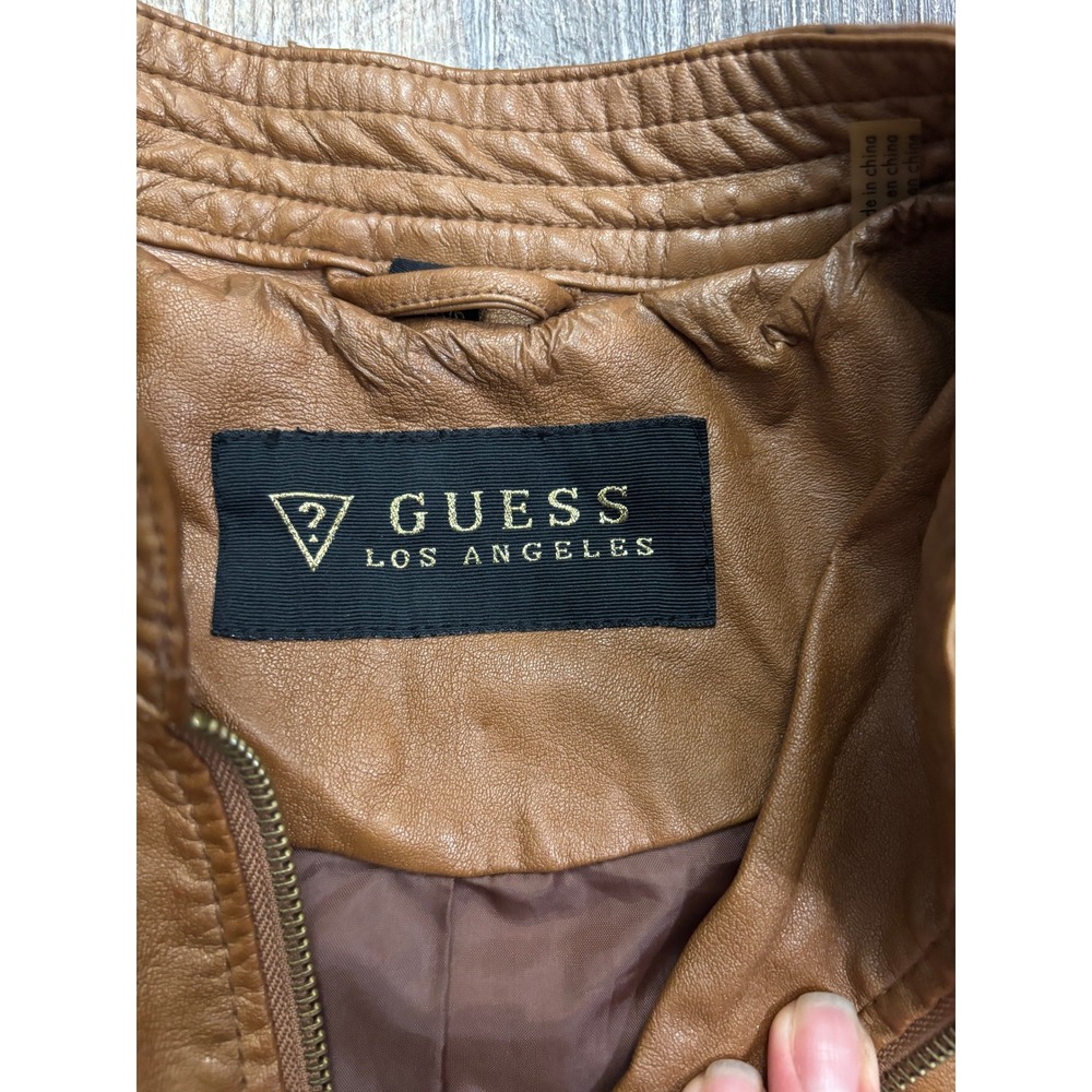 Guess Los Angeles Womens Faux Leather Moto Jacket Cognac Brown Quilted Zip S - Picture 2 of 6